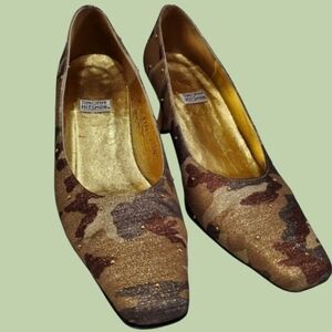 Vintage Timothy Hitsman gold metallic camo kitten heels M 35